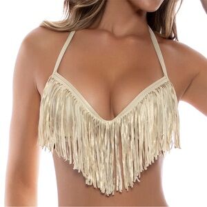 LULI FAMA Fringe Plunge Push Up Underwire Bikini Top Swim Swimsuit Size Large